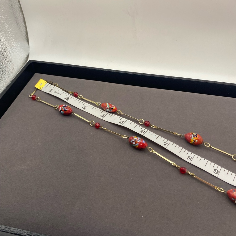 Vintage Murano Glass Millefiori Red Bead Necklace with gold tone link rods. - Picture 7 of 13